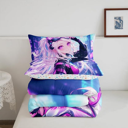 Erosebridal Girls Japanese Anime Bedding Set Queen, Kawaii Anime Girl Comforter Set Cartoon Girl Quilt for Kids Teens Adult Women, Japanese Animation Sci Fi Style Duvet Insert, Blue Purple