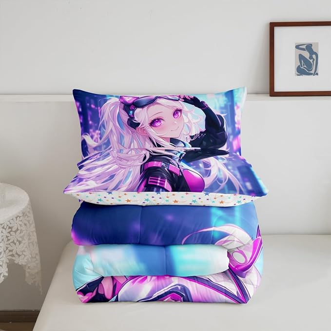 Erosebridal Girls Japanese Anime Bedding Set King, Kawaii Anime Girl Comforter Set Cartoon Girl Quilt for Kids Teens Adult Women, Japanese Animation Sci Fi Style Duvet Insert, Blue Purple