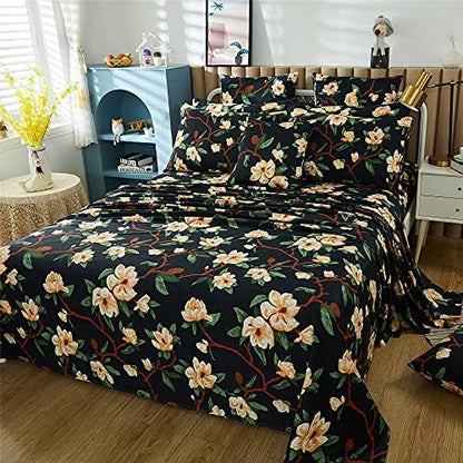 FADFAY Sheets Set Cal King Shabby Black and Yellow Floral Bedding Elegant Peony Sheets Vintage Farmhouse Bedding 100% Egyptian Cotton 800 Thread Count Deep Pocket Fitted Sheet, 4Pcs-California King