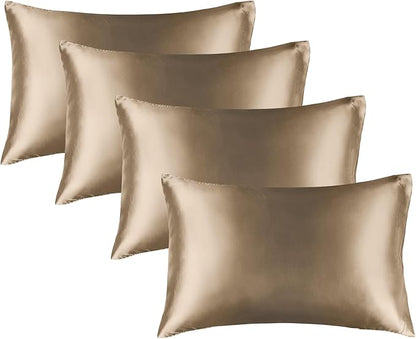 BEDELITE Satin Pillowcase for Hair and Skin, Super Soft Similar to Silk Pillow Cases 4 Pack with Envelope Closure, Cooling Pillowcases for Women Men (20"x30" Queen Size, Tawny Brown)