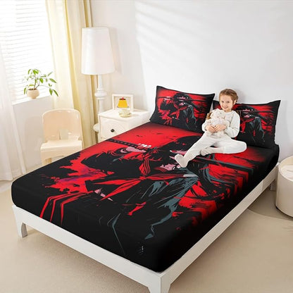 Erosebridal Japanese Anime Bedding Set for Kids, Anime Girl Fitted Sheet Full Size Japanese Girl Bed Sheets for Girls Teens Adult, Kawaii Animation Red Black Sheets, Machine Washable