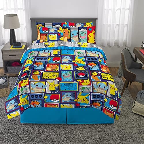Pokémon Pikachu Queen Size Bedding Set – Kids Bedding Super Soft Cozy Reversible Comforter and Sheet Set with Sham, 7 Piece Queen Size, (Officially Licensed Product) by Franco