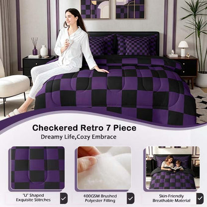 Feelyou Checkered Full Comforter Set with Sheets for Kids Boys Girls Purple Black Plaid 7 Pieces Bedding Set Cute Retro Neutral Checkerboard Geometric Bed in a Bag Vintage Aesthetic Room Decor Soft