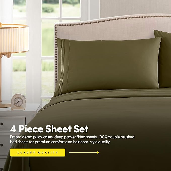 1500 Supreme Collection Twin Sheet Sets Olive Green - 3 Piece Bed Sheets and Pillowcase Set for Twin Mattress - Extra Soft, Elastic Corner Straps, Deep Pocket Sheets, Twin Olive Green