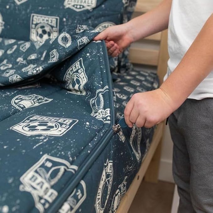 Beddy's Sports Theme Boys Durable Zipper Bedding for Kids, Bed in a Bag, Blue Sheets with Baseball, Football, Basketball, Soccer Comforter, Pillowcase & Pillow Sham, Easy to Make & Wash