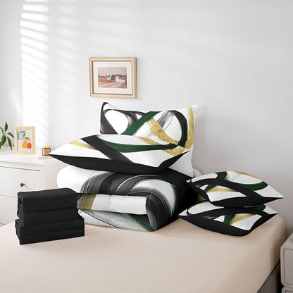 Erosebridal Abstract Black Gold 7 Piece Comforter Set Full Geometric Green Minimalist Lines Bedding Set Modern Ink Painting Stripes Quilt Simple Aesthetic Fashion Neutral Sheet Set for Men