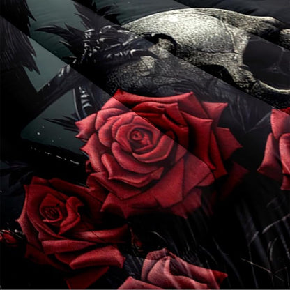 Black Crow Red Rose Skull Comforter Set Queen Size Halloween Gothic Roses Skeleton Bedding Set Holiday Decoration Bedding Black Floral Bird Down Comforters Soft Microfiber Comforter Sets