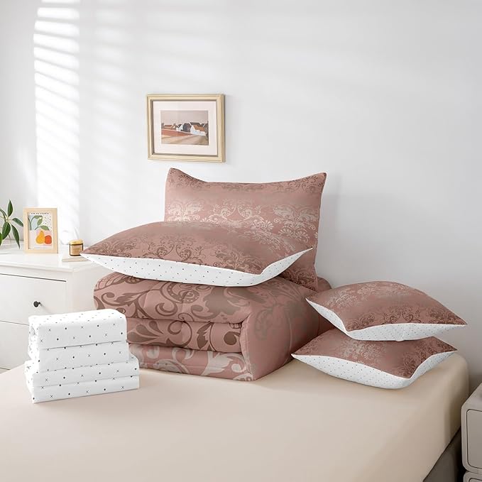 Erosebridal Gothic Damask Bed in a Bag King Size Comforter Set 7 Pieces,Exotic Moth Bedding Sets Light Pink Victorian Floral Goth Sheet Set with Comforter