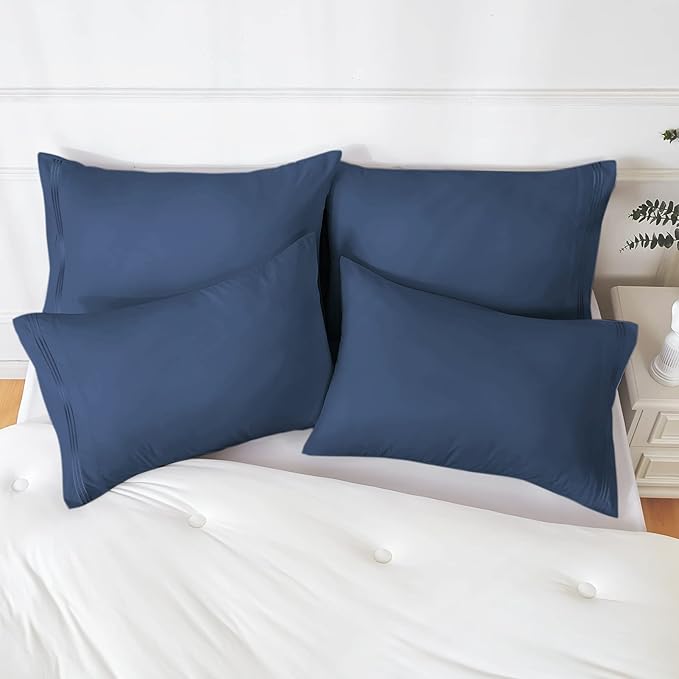 YIYEA King Pillow Cases Set of 4, Ultra Soft 1800TC Hotel Quality Double Brushed Microfiber Embroidered Pillowcases, Envelope Closure, Fade Resistant (20"x36", Denim)