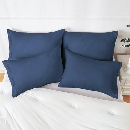 YIYEA Pillow Cases Queen Size Set of 4, Ultra Soft 1800TC Hotel Quality Double Brushed Microfiber Embroidered Pillowcases, Envelope Closure, Fade Resistant (20"x30", Denim)