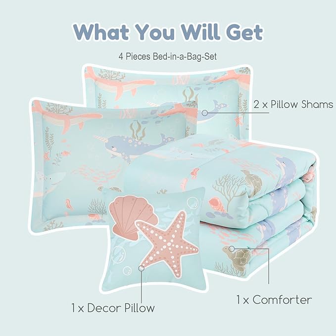 Full Size Comforter Set for Girls-4 Pieces Ocean Animals Glow in the Dark Full Bedding Sets for Kids, 1 Comforter, 2 Shams and 1 Decor Pillow