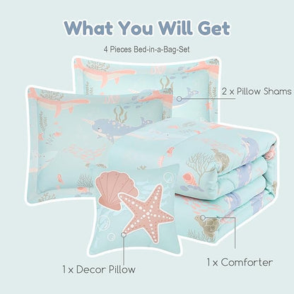 Full Size Comforter Set for Girls-4 Pieces Ocean Animals Glow in the Dark Full Bedding Sets for Kids, 1 Comforter, 2 Shams and 1 Decor Pillow