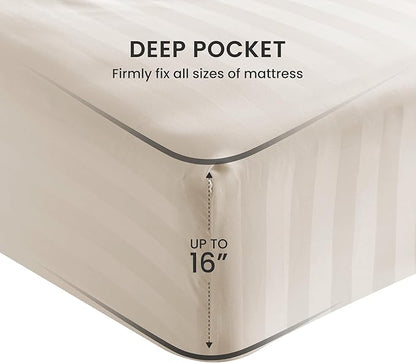 SLEEP ZONE Striped Cooling Twin Sheets Set for Kids - Fitted Flat Sheet & Pillowcase Sets 3 Piece - Super Soft Stripe Bed Sheet, Easy Care, Deep Pocket (Beige, Twin)