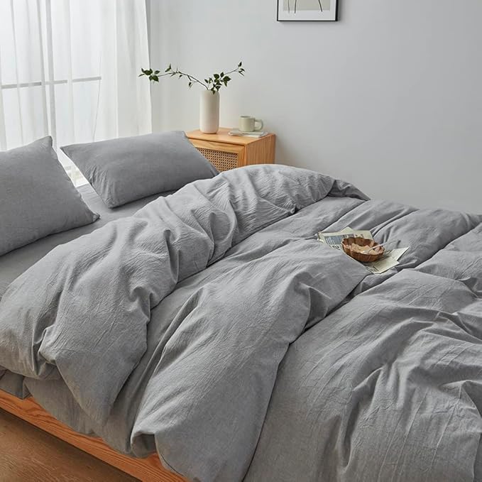 FACE TWO FACE Bedding Duvet Cover Set100% Washed Cotton Duvet Cover Linen Like Textured Breathable Durable Soft Comfy (Queen, Light Grey)
