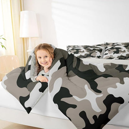 Camouflage Comforter Set Grey Camo Bedding Sets King Size Militarily Army Down Comforter For Boys Teens Men Adult Tie Dye Retro Geometric Warm Soft Quilted Duvet 3Pcs Bedroom Decor, All Season