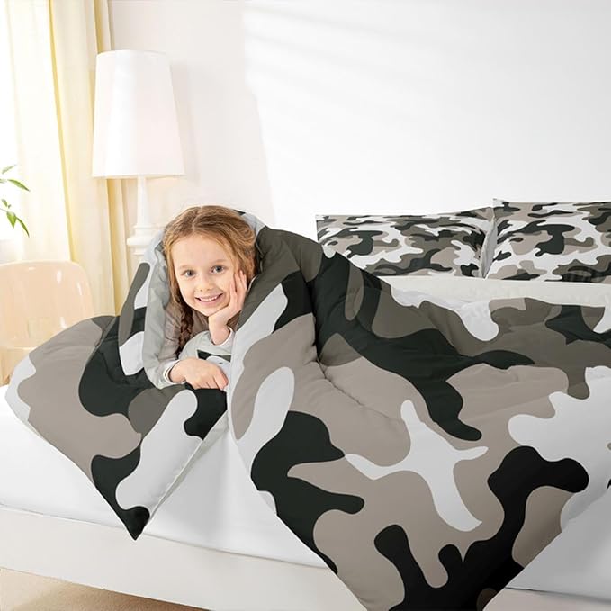Camouflage Comforter Set Grey Camo Bedding Sets Queen Size Militarily Army Down Comforter For Boys Teens Men Adult Tie Dye Retro Geometric Warm Soft Quilted Duvet 3Pcs Bedroom Decor, All Season