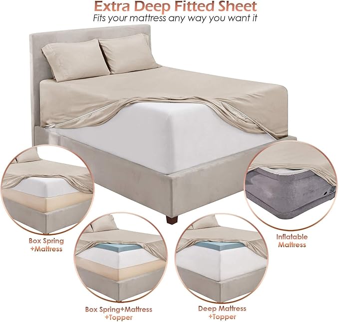 Hearth & Harbor Bed Sheets, Luxury Soft 6 Piece Bed Sheet Set Extra Deep Pocket Fitted Sheets Fits Mattress up to 21", Double Brushed Bedding Sheets & Pillowcases, Twin XL, Natrual Linen