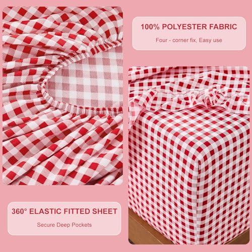 Gingham King Sheet Set, Lightweight Super Soft Brushed Microfiber Plaid Bed Sheets with 16" Deep Pocket, 4 Piece Ruffle Farmhouse Bedroom Decor, Red