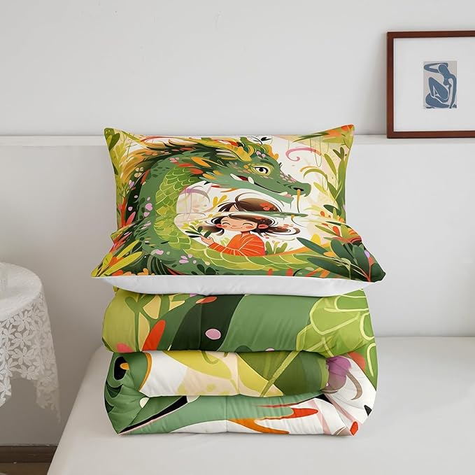 Dragon Bedding Set,Nature Botanical Floral Leaves Comforter Set Full Size for Kids Boys Girls,Green Pink Western Magical Quilt Set Room Decor Wild Animals Cartonn Cute Style Duvet Insert,2 Pillowcases