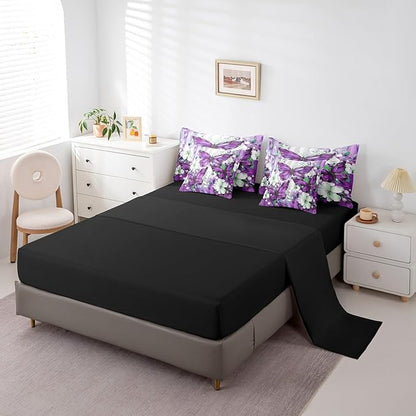 Erosebridal 7 Piece Purple Butterfly Full Comforter Set with Sheets for Girls Teen Women,White Flowers Oil Painting Boho Bed in A Bag Floral Butterfly Bedding Set,Retro Bohemian Animal Bed Set