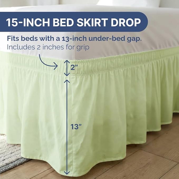 Wrap Around Dust Ruffle Bed Skirt - Light Sage - for King Size Beds w/ 15 Inch Drop - Easy Fit Elastic Strap - Adjustable Pleated Bedskirt w/Brushed Fabric - Wrinkle Free, Women, Men, Kids & Teens