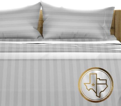 TEXAS LINEN CO. 100% Egyptian Cotton Queen Sheets Set - Luxury Damask 1500 Thread Count Egyptian Cotton Sheets Queen Size Bed Set, 17" Deep Pocket, Soft, Cooling Sateen Bedding - Silver Grey Stripe