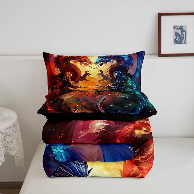 Feelyou Dragon Comforter Set Queen Size Western Dragon Comforter for Boys Girls Teens Wildlife Bedding Set Wild Animal Duvet Set Room Decor Dark Orange Quilt Set