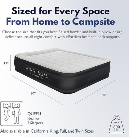 King Koil Luxury Camping Air Mattress Queen Size with Built-in Pump, Portable Travel Airbed, Waterproof Durable Inflatable Double High Blow Up Bed, 1-Year Warranty Manufacturer Warranty