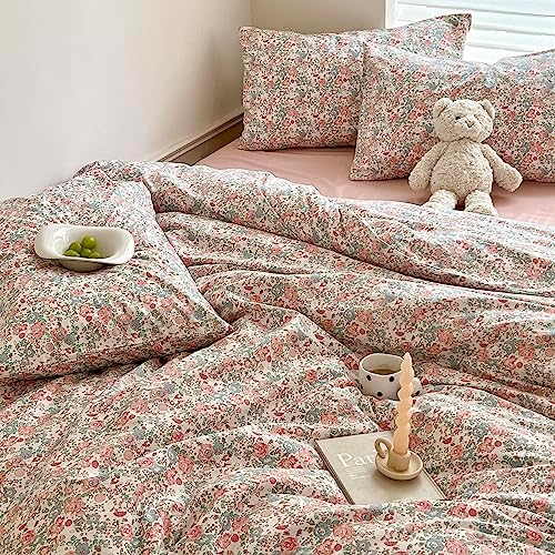 LIFETB Boho Floral Duvet Cover King Soft Cotton Aesthetic Bedding Sets French Style Pink Blue Flower Branches Chic Shabby Garden Comforter Botanical Size King(104/ inchsx90/ inchs)