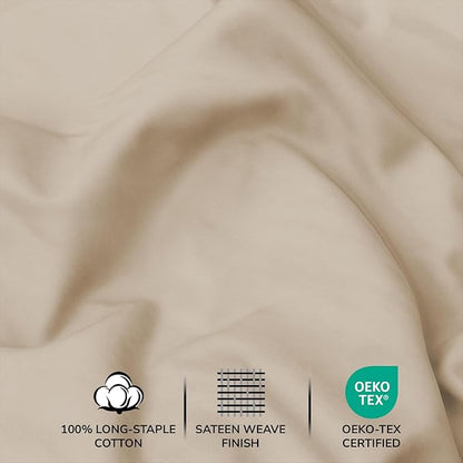 Feather & Stitch 500 TC Queen Size 4pc Damask Bed Sheet Set, 100% Soft Cotton Breathable Bedsheets, 18" Deep Pockets Sateen Weave Striped Bedding Mattress Resort Hotel Luxury Decor - (Champagne Beige)