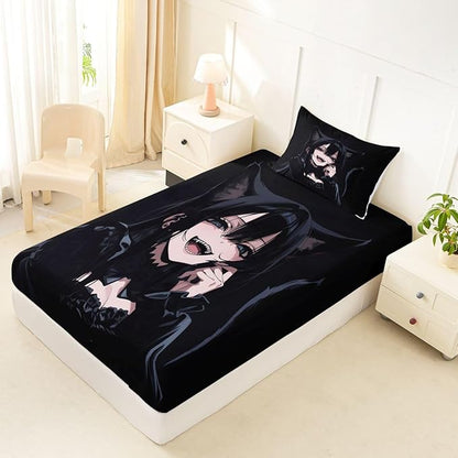 Erosebridal Anime Girl Twin Bed Sheets 3D Japanese Fitted Sheet,Gothic Style Cat Girls Kids Bedding Sets Cool Anime Gift Sheets with 1 Pillowcase