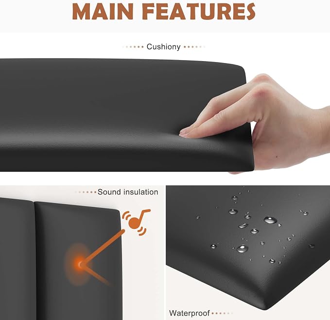 IFNOW Wall Mounted Headboard, Peel and Stick Panels, Black, King | Upholstered 3D Soundproof Acoustic Panels Reusable and Removable Padded Leather Bed Headboard, 12 Panels 9.84" x 23.62"