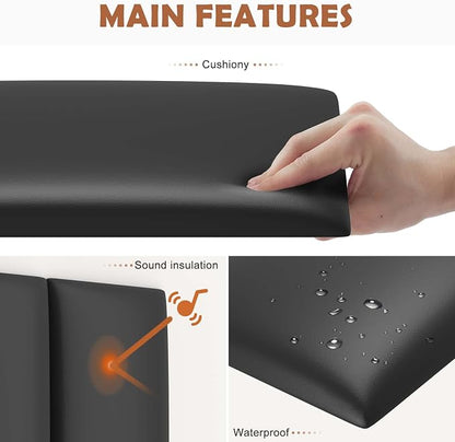 IFNOW Wall Mounted Headboard, Peel and Stick Panels, Black, King | Upholstered 3D Soundproof Acoustic Panels Reusable and Removable Padded Leather Bed Headboard, 12 Panels 9.84" x 23.62"