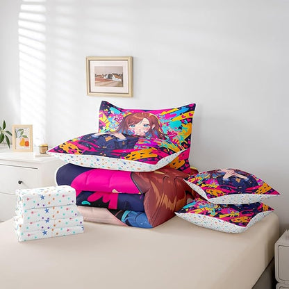 Erosebridal Anime Girl Queen Bedding Set 7 Piece, Japanese Anime Comforter Set for Kids Girls Teens Adult Bedroom, Cartoon Girl Comforter Sets with Sheet Kawaii Japanese Animation Bed in A Bag