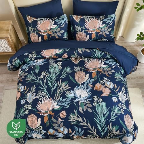Luxudecor Queen Comforter Set 7 Pieces Bedding Sets, Navy Blue Floral Comforter and Sheet Set, Soft Microfiber Bed in a Bag for All Seasons (Navy Blue,90"x90")