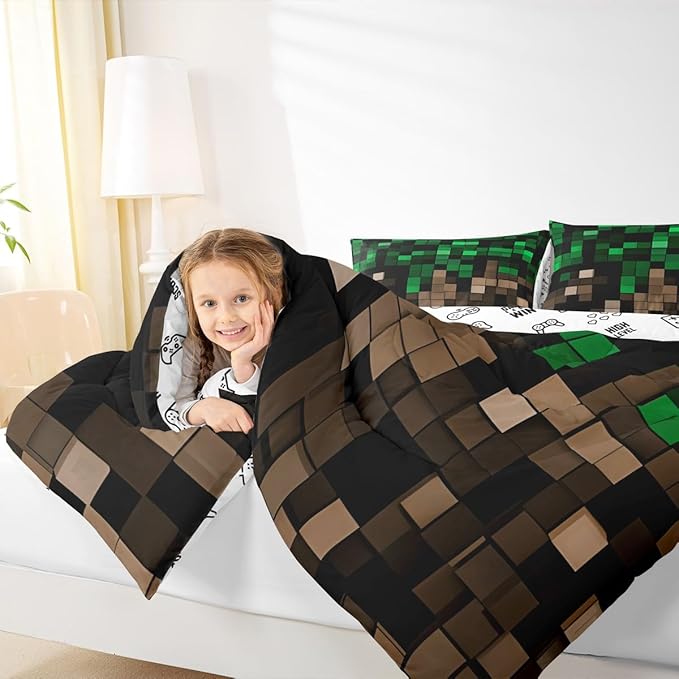 Miners Pixel Checked Comforter Set Full Size,Video Games Check Lattice Kids Bedding Set,Game Cartoon Gamepad Quilt Comforter,Green Brown Duvet Insert,2 Pillowcases