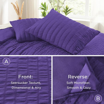 AveLom Dark Purple Seersucker King Comforter Set (104x90 inches), 3 Pieces-100% Soft Washed Microfiber Lightweight Comforter with 2 Pillowcases, All Season Down Alternative Comforter Set for Bedding