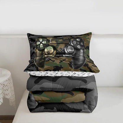 Feelyou Kids Gamer Comforter Set Camouflage Gaming Bedding Set for Boys Teens Bedroom Green Black Camo Video Game Decor Comforter Gamer Console Quilt Set Twin Size Duvet Quilted 2Pcs