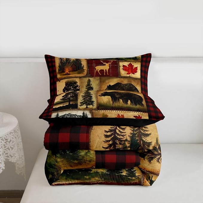 Erosebridal Rustic Comforter Set King, Farmhouse Deer Bear Cabin Plaid Christmas Bedding, Country Western Bedding Set, Woodland RV Duvet Insert, Maple Leaf Lodge Quilt Comforter, Burgundy Red Brown