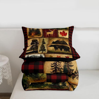 Erosebridal Bear Cabin Plaid Comforter Set Full, Rustic Farmhouse Bedding Set, Retro Hunting Deer Woodland Quilt, Country Western Duvet Set, Christmas RV Lodge Decor Down Comforter, Red Black Brown