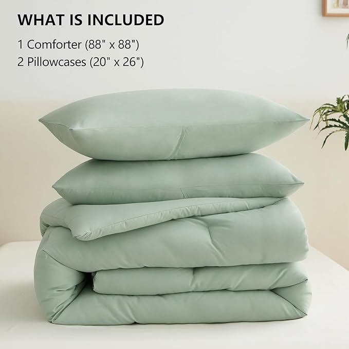 CozyLux Sage Green Queen Comforter Set, 3 Pieces Solid Breathable Quilted Bedding Sets, Luxury Fluffy Soft Bed Set with Down Alternative Comforter for All Season (1 Comforter & 2 Pillowcases)