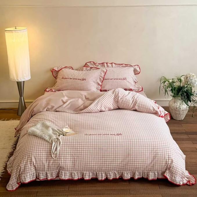 CRUSHIMO Morning Mist Gingham Washed Cotton Duvet Cover Set - Shabby Chic Gingham Plaid Bedding with Ruffle Trim & Triangle Stitching - Ultra Soft Breathable Comforter Cover (Blush Milk, Queen)