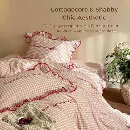 CRUSHIMO Morning Mist Gingham Washed Cotton Duvet Cover Set - Shabby Chic Gingham Plaid Bedding with Ruffle Trim & Triangle Stitching - Ultra Soft Breathable Comforter Cover (Blush Milk, Twin)