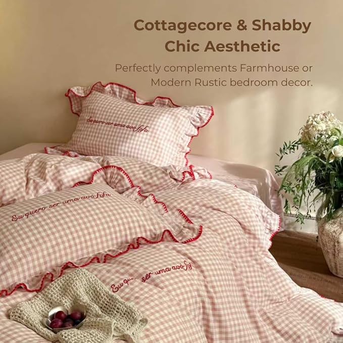 CRUSHIMO Morning Mist Gingham Washed Cotton Duvet Cover Set - Shabby Chic Gingham Plaid Bedding with Ruffle Trim & Triangle Stitching - Ultra Soft Breathable Comforter Cover (Blush Milk, Queen)