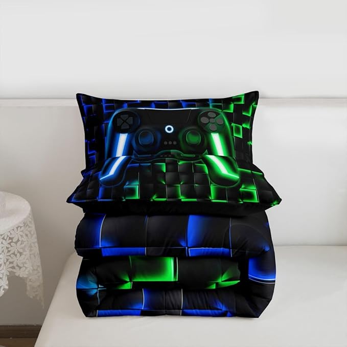 Erosebridal Gamer Boys King Bedding Sets Gaming Comforter Set for Kids Teen Men,3D Neon Lights Ombre Geometric Checkered Gamepad Bed Comforter Set Soft Lightweight Quilt Duvet,Green Indigo Blue