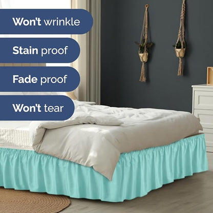 Wrap Around Dust Ruffle Bed Skirt - Spa Blue - for Queen Size Beds with 18 Inch Drop - Elastic Strap - Adjustable Pleated Bedskirt with Brushed Fabric and Wrinkle Free - for Women, Men, Kids & Teens