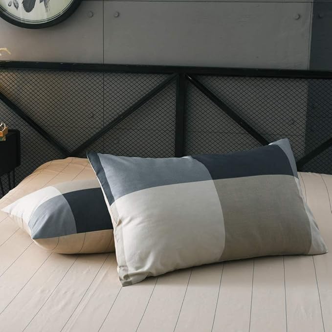 Reversible Cotton Plaid Bedding Set King Modern Soft Grid Checkered Duvet Cover Set Hotel Quality Luxury Bedding Collection 3 Piece Men Boys Comforter Cover Set with 2 Pillowcases (NO Comforter)