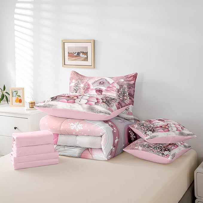 Christmas Farmhouse Twin Comforter Set with Sheets Bed in a Bag 7 Pcs,Romantic Christmas Trees Bed Set,Winter Cute Snowman Bedding Sets with Comforter,Flat,Fitted Sheet,Pillowcases,Pillow Covers