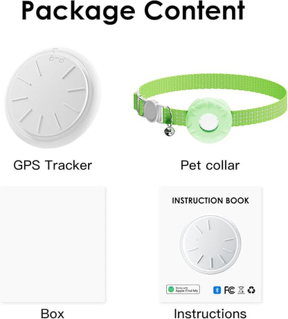 Cat GPS Tracker, Smart Cat Tracker Compatible with Apple Find My App (Only iOS), No Monthly Fee, Waterproof, Breakaway Collar Included (White Tracker, Green Cat Collar)