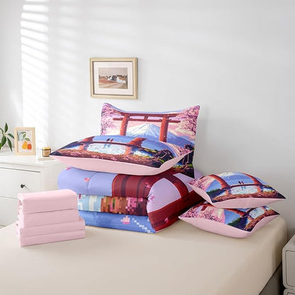 jejeloiu Pink Japan Bedding Set 7Pcs Full Size Kids Anime Mount Fuji Comforter Set with Sheets for Boys Girls Pixel Bed in a Bag Soft Lightweight,Microfiber